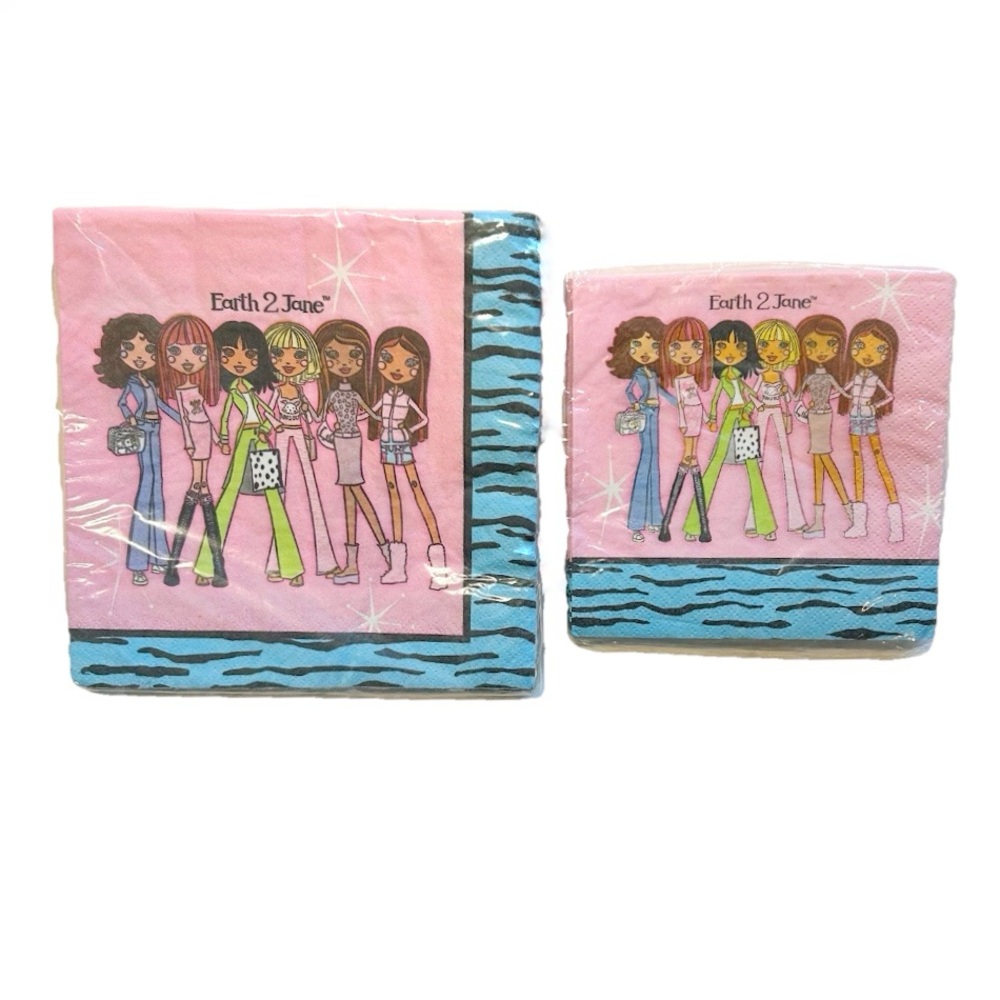 Vintage Y2K Earth 2 Jane Birthday Party Napkin Set Paper Pink Blue Zebra 2000s